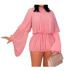 Two Piece Skirt Set for Women Sexy Chiffon Tops Pleated Mini Skirt Set Going Out Outfits Y2K Suit Bell Long Sleeve Mini Dress for Party Night Out Pink, Large