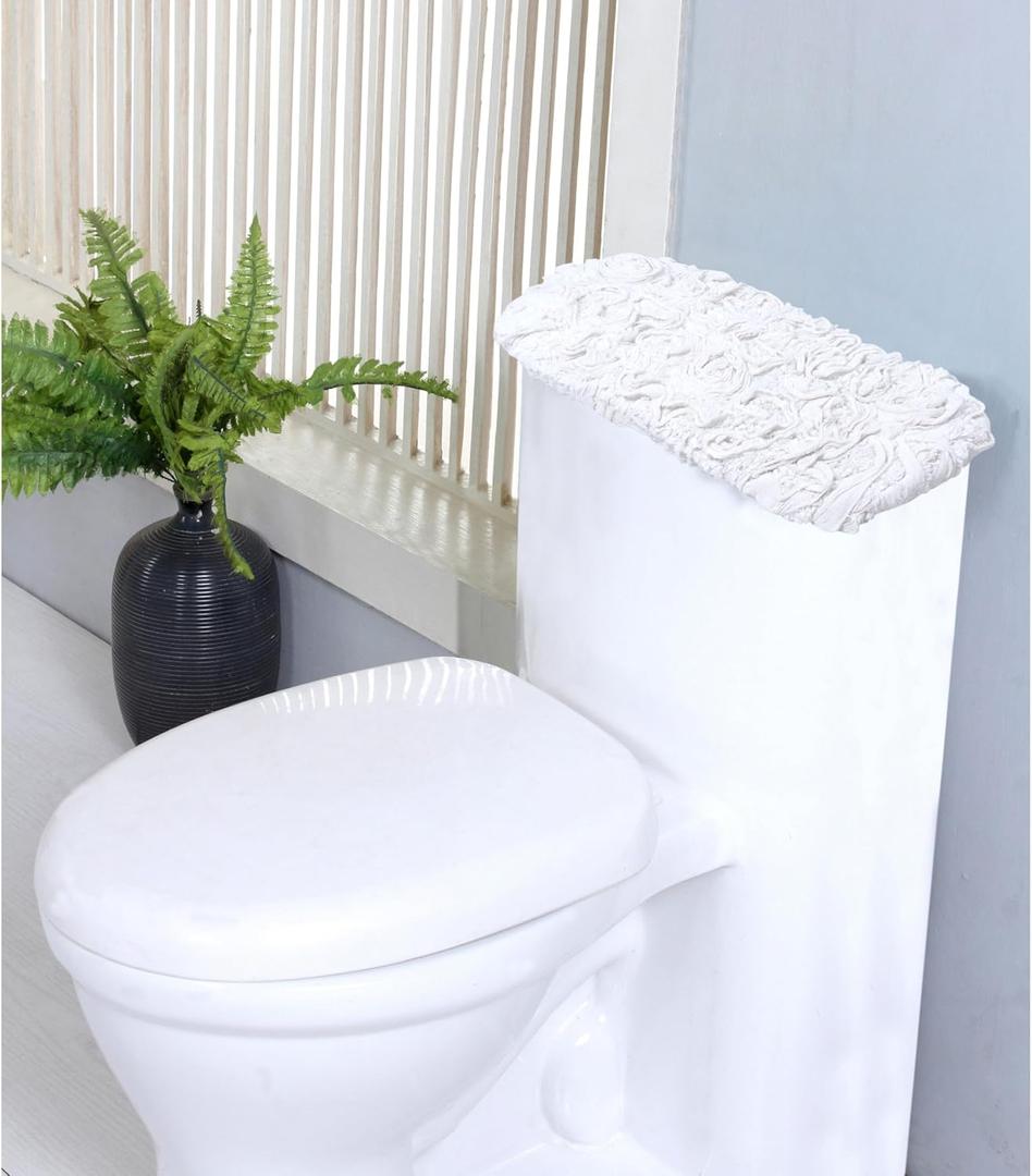 Home Weavers Modesto Collection 100% Cotton Tufted Tank Lid Cover, Extra Soft and Absorbent Tank Lid Cover, Machine Washable, Bathroom Tank Lid Cover, 10"x22" Tank Lid Cover, White