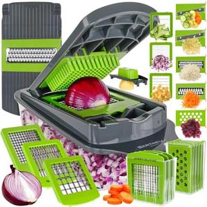 Set of 6 Mueller Pro-Series 10-in-1, 8 Blade Vegetable Chopper, Onion Mincer, Cutter, Dicer, Egg Slicer with Container, French Fry Cutter Potato Slicer, Home Essentials, Salad Chopper,Gray/Green Different Color Condition May Vary