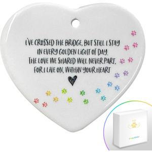 Pet Memorial Ornament | Heart Shaped Double-Sided Rainbow Bridge Poem with Gift Box, Porcelain Pet Loss Keepsake Dog Cat Gift | Gold