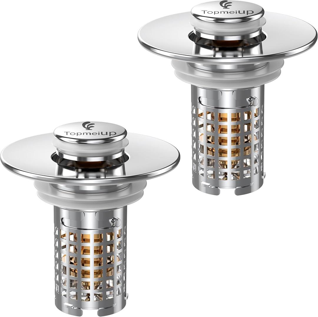 Sink Stopper Hair Catcher, Pop-up Sink Drain Strainer with Removable Stainless Steel Strainer Basket Hair Catcher, Bathroom Sink Strainer for Bathroom Sink Stopper Replacement(NEW-2PCS)