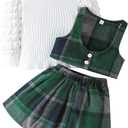 Toddler Girls Christmas Outfits Girls Puff Sleeve Knit Ribbed Tops Button Down Vest Plaid Skirt Set Winter Clothes (4T, Green)