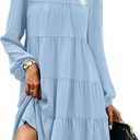 KIRUNDO Long Sleeve Baby Doll Dresses Women 2025 Casual Fall Winter Ruffle Mock Neck Tiered Mini Flowy Swing Shift Dress (Medium, Light Blue)