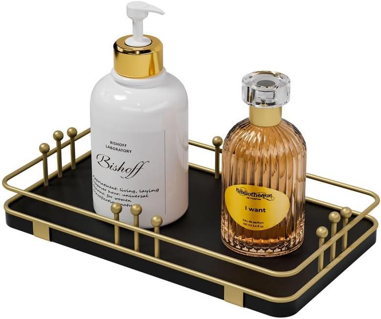 Bathroom Vanity Tray for Toiletries Makeup Perfume Candle Toilet Tank, Kitchen Tray for Soap Dispenser Spice Salt, Small Tray for Countertop Decor Coffee Nightstand 7.9x4.4 Black-Gold