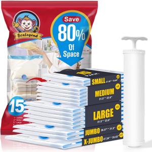 BoxLegend Vacuum Storage Bags 15 Combo Thickened Vacuum Pack Bags Space Saving Double Zipper Seal & Leak Valve Reusable for Clothes Pillow Comforters Bedding, 1XXL, 2XL, 5L, 5M, 2S, 1 Large Pump