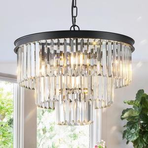 CATINER Black Crystal Chandeliers, 20” Modern Chandeliers for Dining Room 3 Tiers 7 Lights Luxury K9 Crystal Ceiling Pendant Round Light Fixture for Foyer Kitchen Bedroom Closet