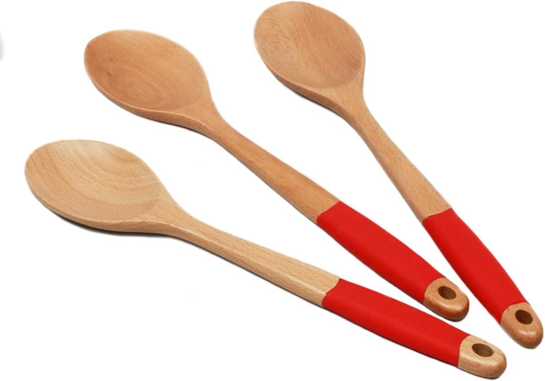 Chef Craft Premium Silicone Handle Wooden Spoon Set, 14 inch, Red