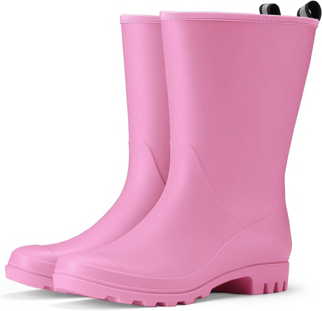HISEA Women Rubber Boots Wide Calf Rain Boots Matte Surface Waterproof PVC Rubber Rain Boot Mid Height Rain Shoes for Outdoor Gardening Work Walking (6, Pink)