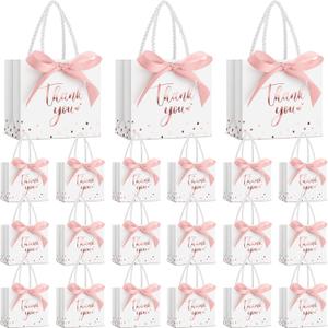 Jetec 45 Pcs Mini Paper Gift Bag Bulk 5.5 x 4.7 x 2.5'' Small Thank You Favor Bag with Handle Bow Ribbon for Valentines Day Wedding Baby Bridal Shower Birthday Party(White/rose Gold)