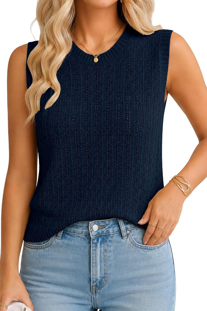 QUALFORT Sleeveless Tank Tops for Women, Crochet Summer Sweater Vest, Hollow Out Knit Casual Shirts, Beach Vacation Outfits (Blue, XL)