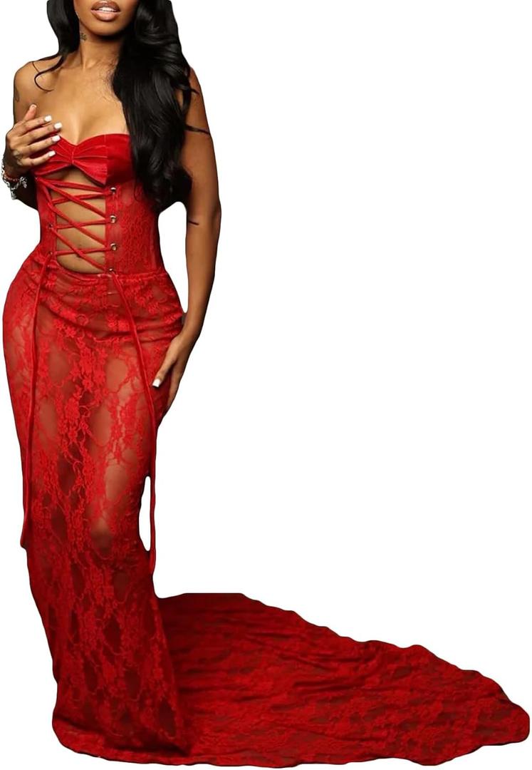 Sexy Strapless Lace Maxi Dress See Through Sleeveless Bodycon Tube Sheer Mermaid Dress Evening Party Gowns Dresses (Large, Red)