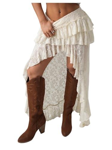 SHENHE Women's High Low Lace Skirt Low Rise Layered Ruffle Western Boho Hippie Fairy Long Skirt Apricot Large
