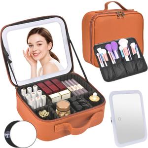 Travel Makeup Bag, Portable Makeup Case with LED Mirror, Removable Mirror with 3 Color Modes, 6 Adjustable EVA Dividers for Brushes Toiletry Jewelry Digital Accessories, Tangerine