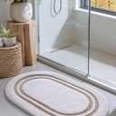 DEXI Oval Bath Mats for Bathroom, 24x43 Absorbent Bath Mat, Washable Microfiber Bathroom Rug with Non Slip Backing for Shower Floor, Beige