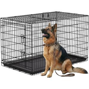 FDW 45 Inch Dog Crate for Large Dogs, Folding Metal Cage with Double Door & Leak-Proof Tray, Black