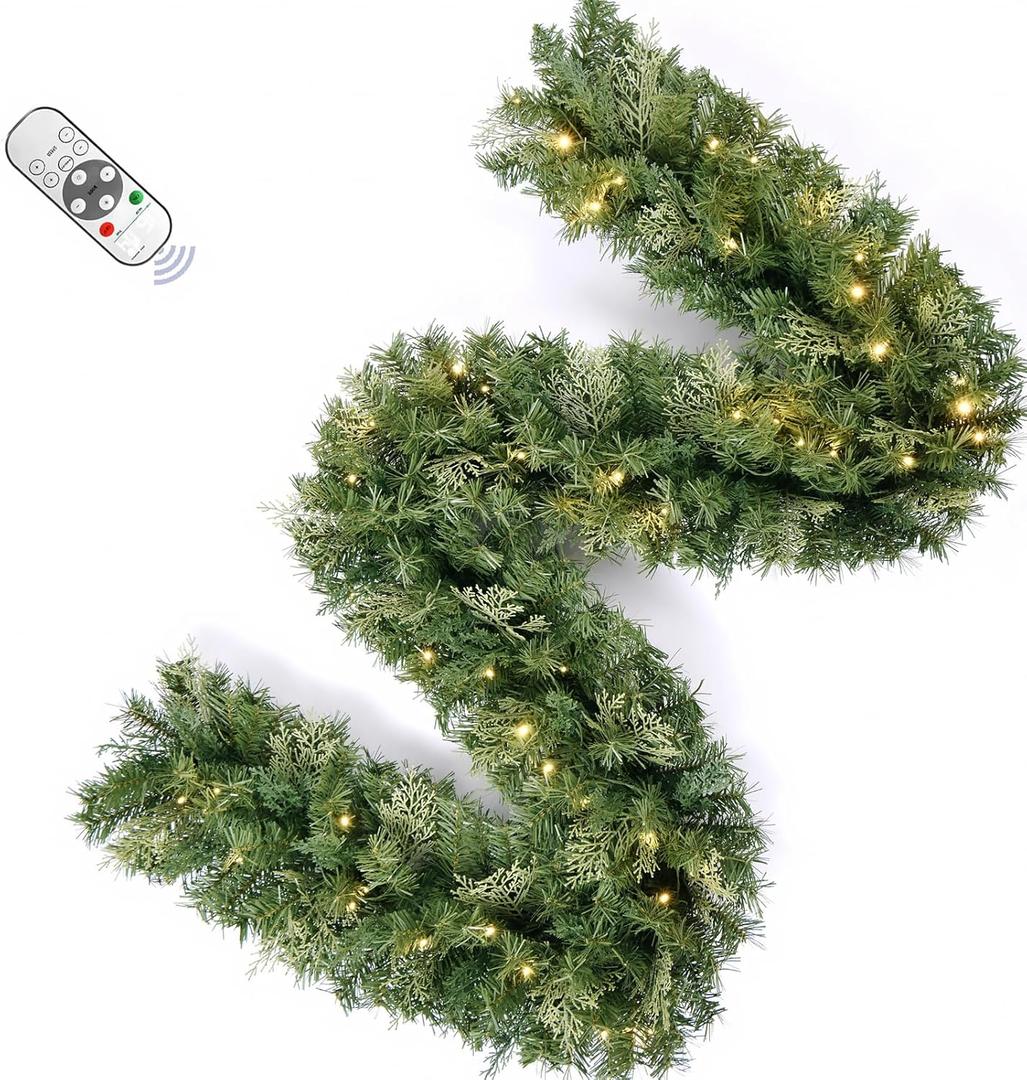 Christmas Garland with Dual Color 50 LED Lights 9 Ft, Prelit Xmas Garland with Cypress Leaf, Timer by Remote Control and Batteries Operated for Mantle Staircase Indoor and Outdoor