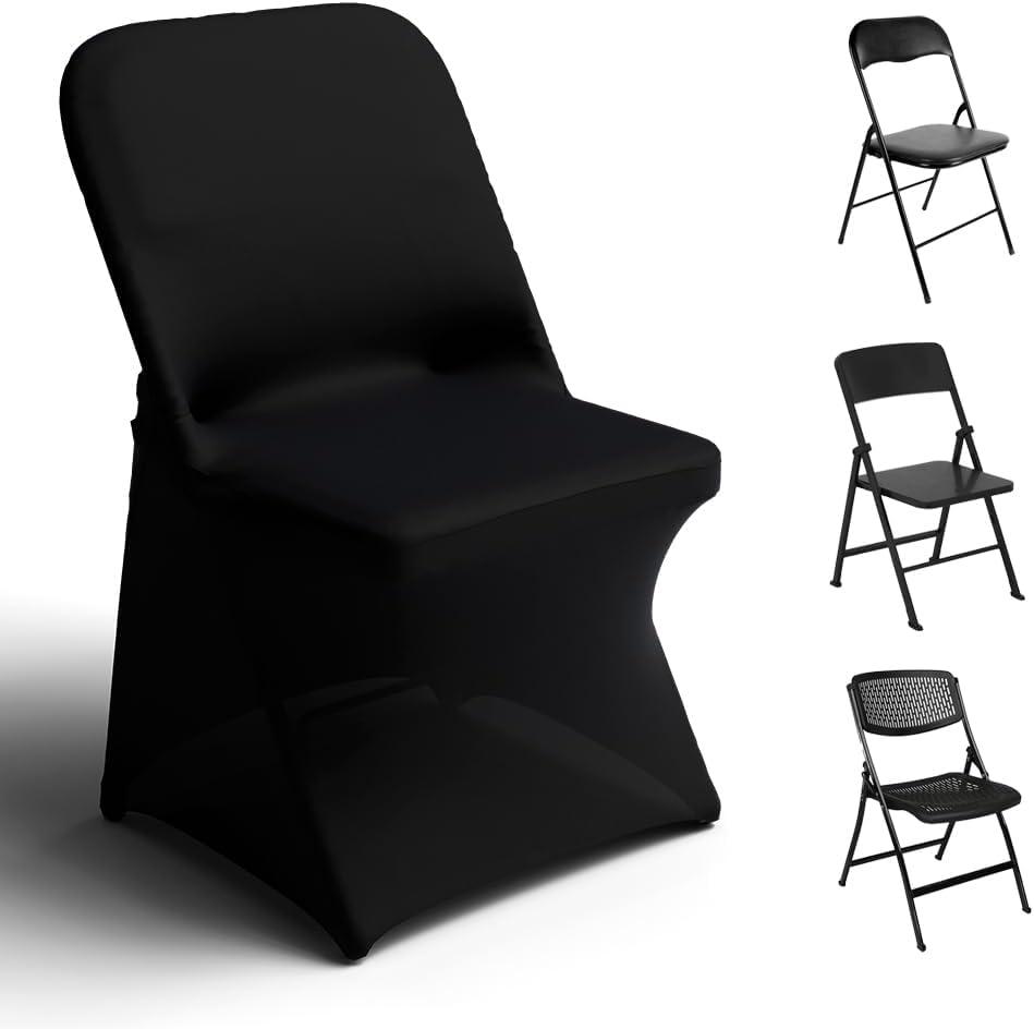 Trlyc Spandex Folding Chair Covers 100 Pcs Universal Fitted Stretchy Dining Chair Slipcovers for Wedding Party Banquet Flat-Front Chair Cover (Black)