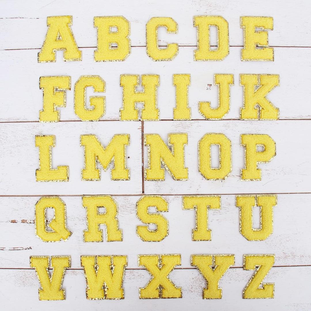 26 Letter Pack Chenille Iron On Glitter Varsity Letter 5cm Tall 26 Letters Patches - Yellow Chenille Fabric with Gold Glitter Trim - Sew or Iron on - 5CM YEL 26 (FULL SET)