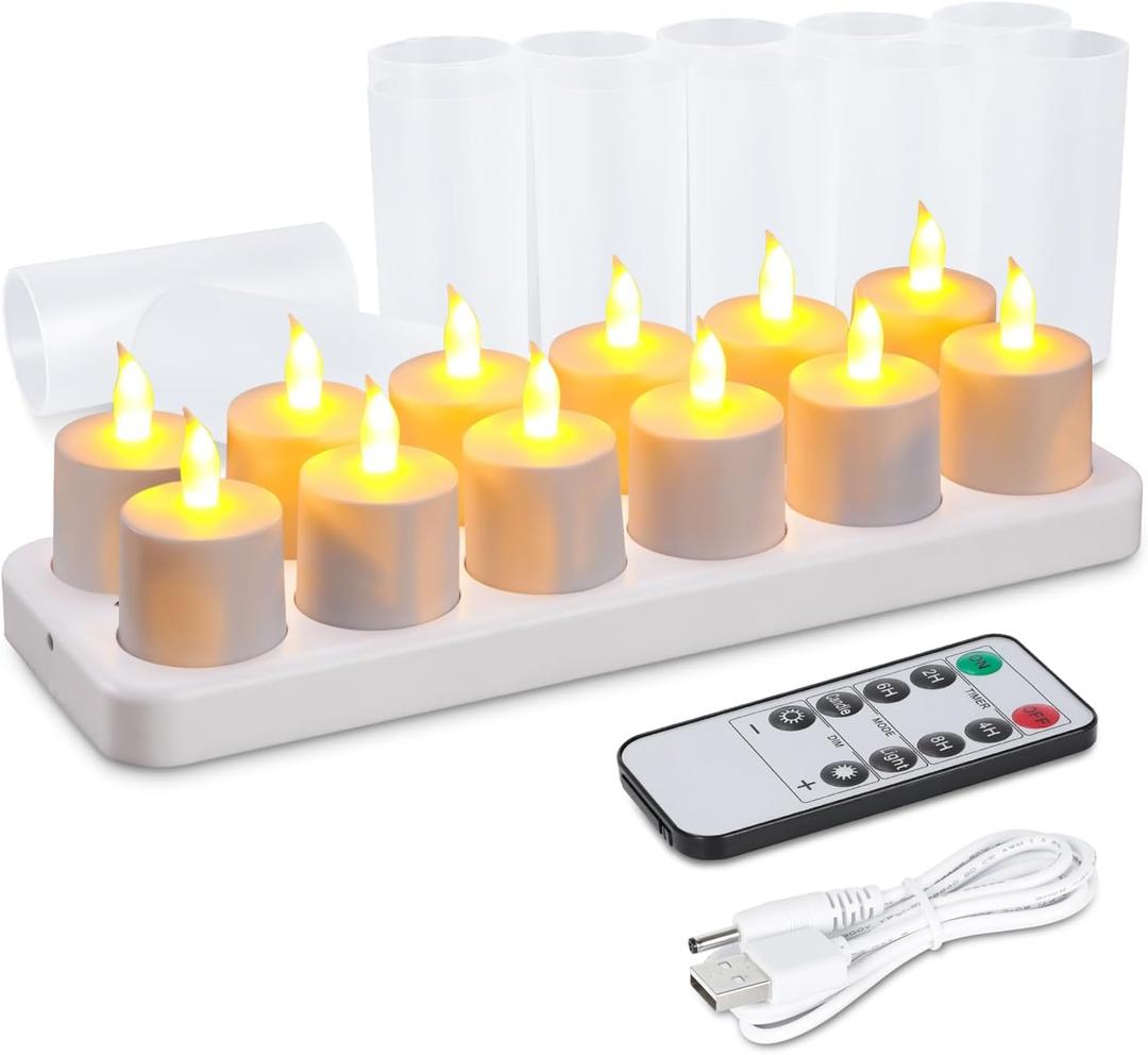 WoneNice 12 Pack Rechargeable Flameless Candles w/Remote & Timer and Charging Base, Battery Operated LED Tealights for Lanterns, Weddings, Christmas, Holiday Decor