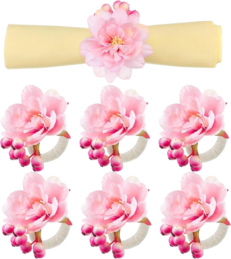 12 Pcs Pink Flower Napkin Rings Handcraft Floral Napkin Holder Table Decor for Summer Wedding Picnics Banquet Birthday Party