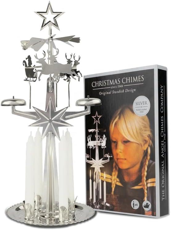 Original Swedish Christmas Chimes, Carousel and 4 Candles  Scandinavian Spinning Festive Chimes for Christmas, Best Memorial Gift Since 1948, Home Decorations - Silver