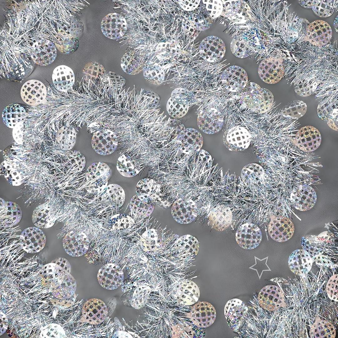 Disco Party Decorations, 26.26ft Disco Ball Silver Tinsel Garland Photo Booth Prop for 60s 70s 80s Decades Birthday Taylor Music Dance Party, Christmas, Home Wall Nye Decor Indoor Outdoor
