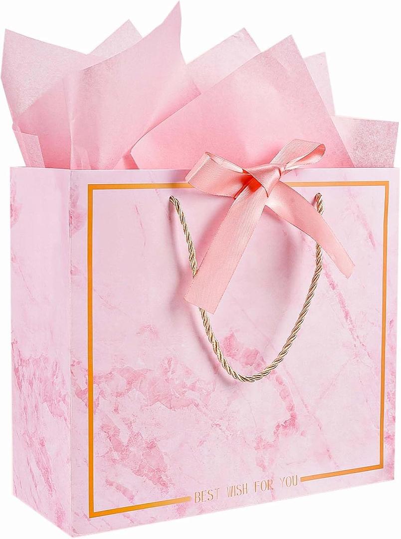 3 x Gfractolux Large Gift Bags, 1 Pack Gift Bags with Tissue Paper and Cards, Gift Bags with Handles for Birthdays, Baby Shower, Weddings, Party Favor, Holiday Presents, Anniversary(Marble Pink)