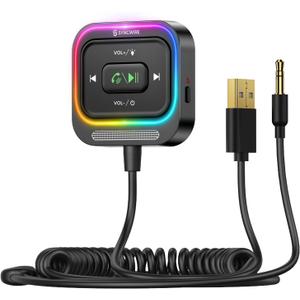 Syncwire Bluetooth 5.4 Aux Car Adapter [Large Mic&Noise Cancellation] Bluetooth 3.5mm Receiver for Car with Coiled Cable [Light Switch][Hands-Free Call] [HiFi Deep Bass] Plug-and-Play for Stereo Audio