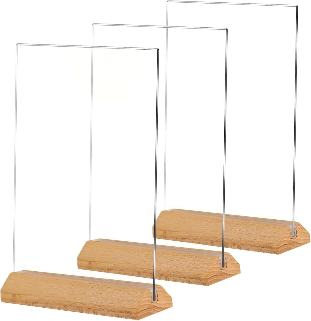 TONICE 3 Pack 5x7 Acrylic Sign Holder T Shape Clear Acrylic Double Sided Frames with Wood Base Table Menu Display Stand Flyer Display (Optional 8.5x11/5x7 Inch L/T Shape)