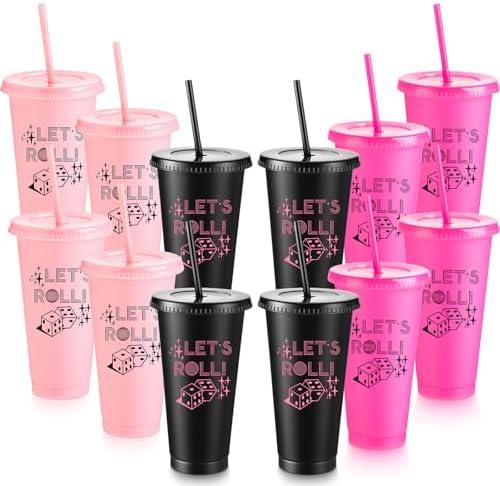 12 Pcs Bunco Party Supplies Bulk 24oz Let's Roll Dice Plastic Tumblers Bunco Cups with Lids and Straws Reusable Girls Weekend Cups Gifts for Women Game Night Casino Party Wedding Sleepover Slumber