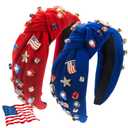 2Pcs 4th of July Headband for Women, Rhinestone Knotted Design with USA Flag Star Hair Hoop, Patriotic Independence Day Memorial Day Wide Hair Accessory with Jeweled Crystal (Red&Blue)
