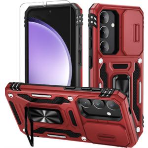 WRJ for Samsung Galaxy S25 Plus/S24 Plus Case with Slide Camera Cover and Screen Protector, Military Grade Protection [Rotated Ring Kickstand] Heavy Duty Shockproof Protective Cove-Red