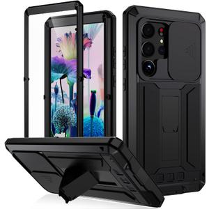Compatible for Samsung Galaxy S23 Ultra Metal Phone Case Cover,Military Grade Heavy Duty Rugged Metal Case, Full-Body Bumper Protective Cover with Kickstand & Screen Protector & Slide Camera(Black)