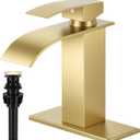 Brushed Gold Bathroom Faucets, Waterfall Bathroom Sink Faucet Single Handle Bathroom Faucet for 1 or 3 Hole, Mixer Tap Vanity Faucet with Deck Plate, Pop-up Drain and Supply Hoses