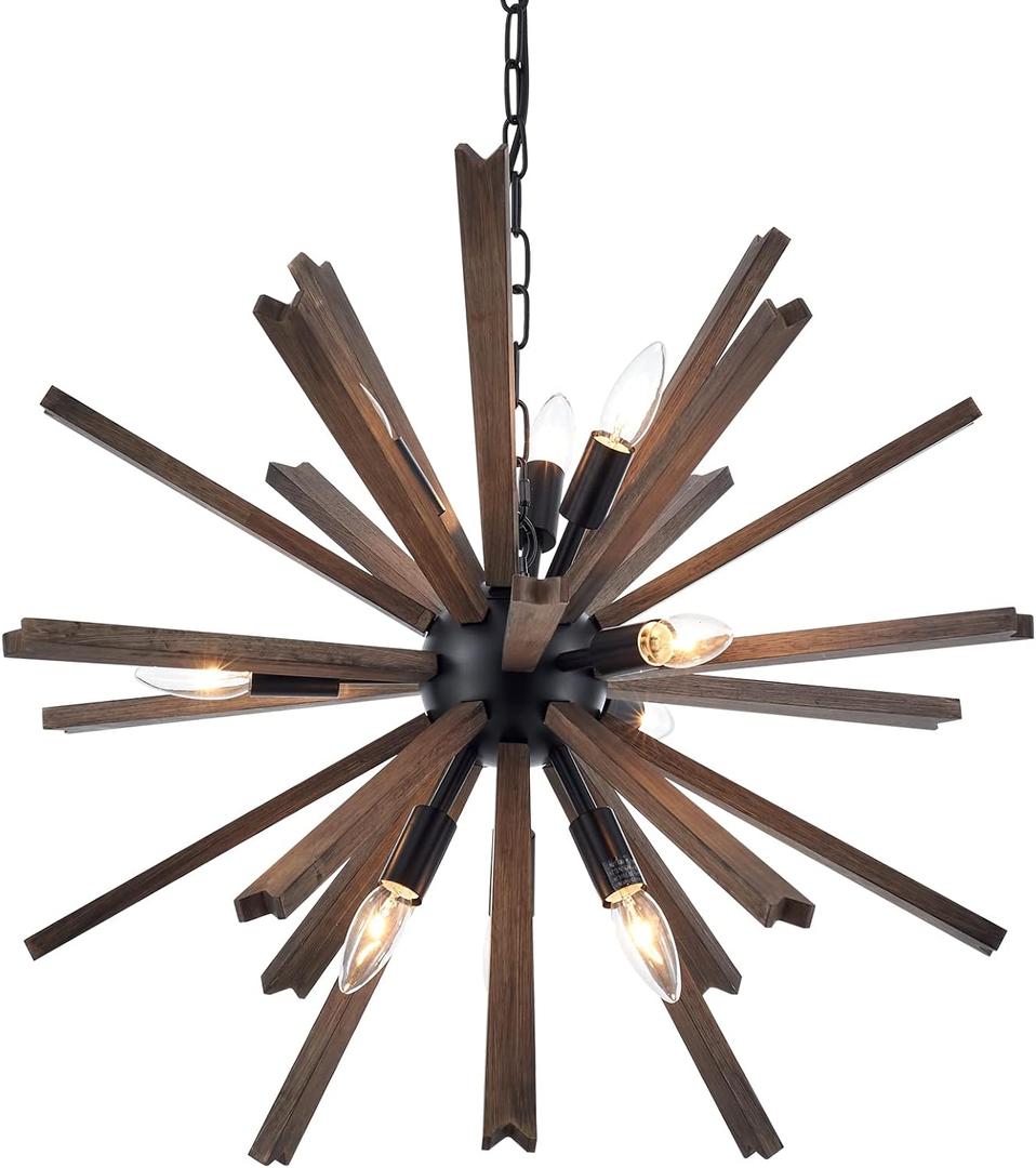 9-Light Sputnik Pendant Light Black, Farmhouse Wood Chandelier for Dining Room Industrial Hanging Light Fixture Ceiling for Bedroom Entryway Kitchen Foyer Living Room