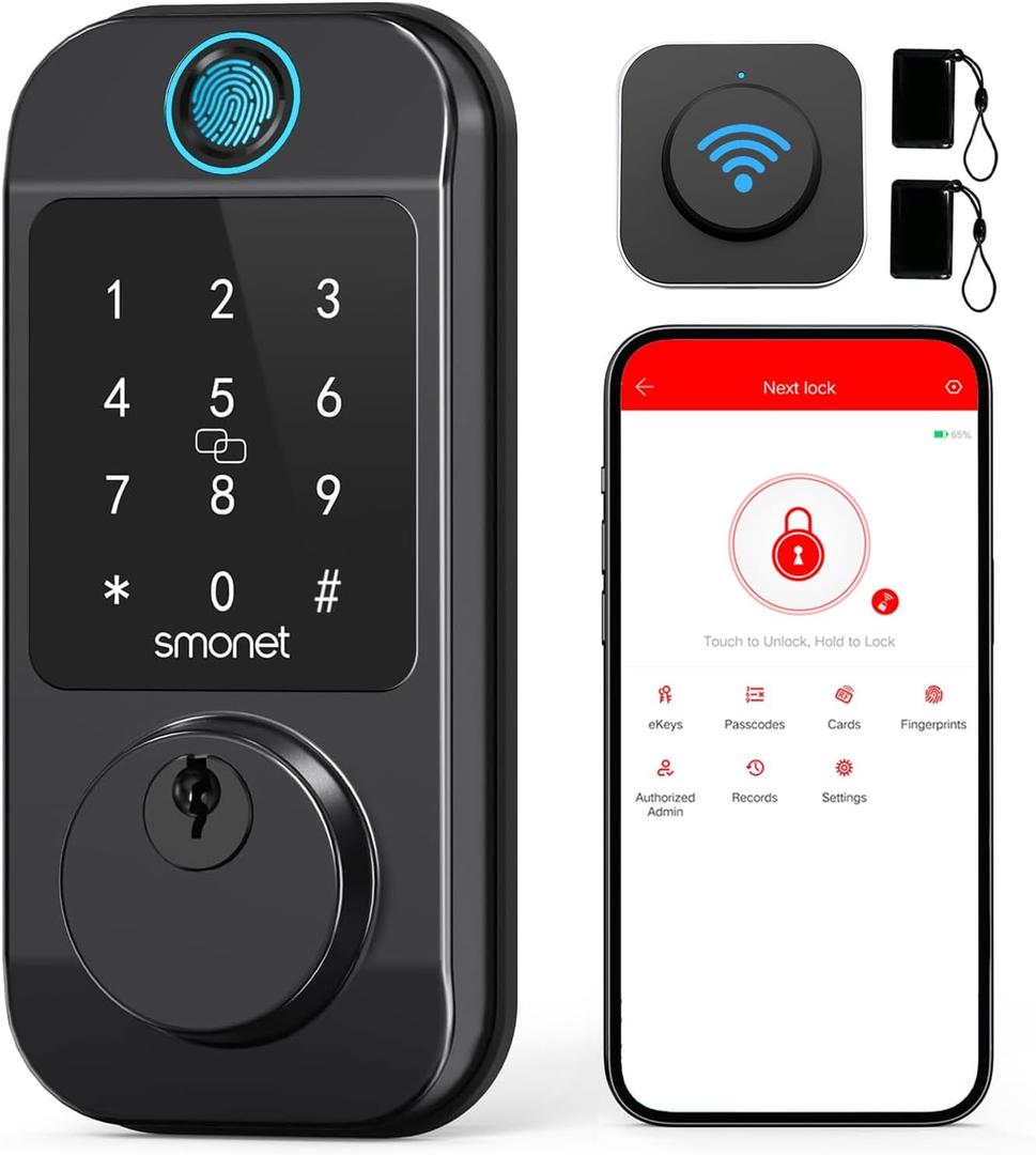 Smart Locks WiFi Deadbolt: SMONET Fingerprint Front Door Lock Keyless Entry with Keypad Electronic Digital Deadbolt Alexa Gateway Remote Control, Bluetooth APP KeyFob Code Auto-Lock for Home, Black