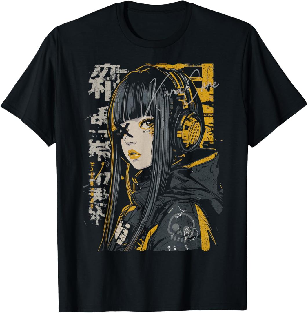 Japanese Streetwear Cyberpunk Y2K Techwear Retro Manga Anime T-Shirt (XL, Black)