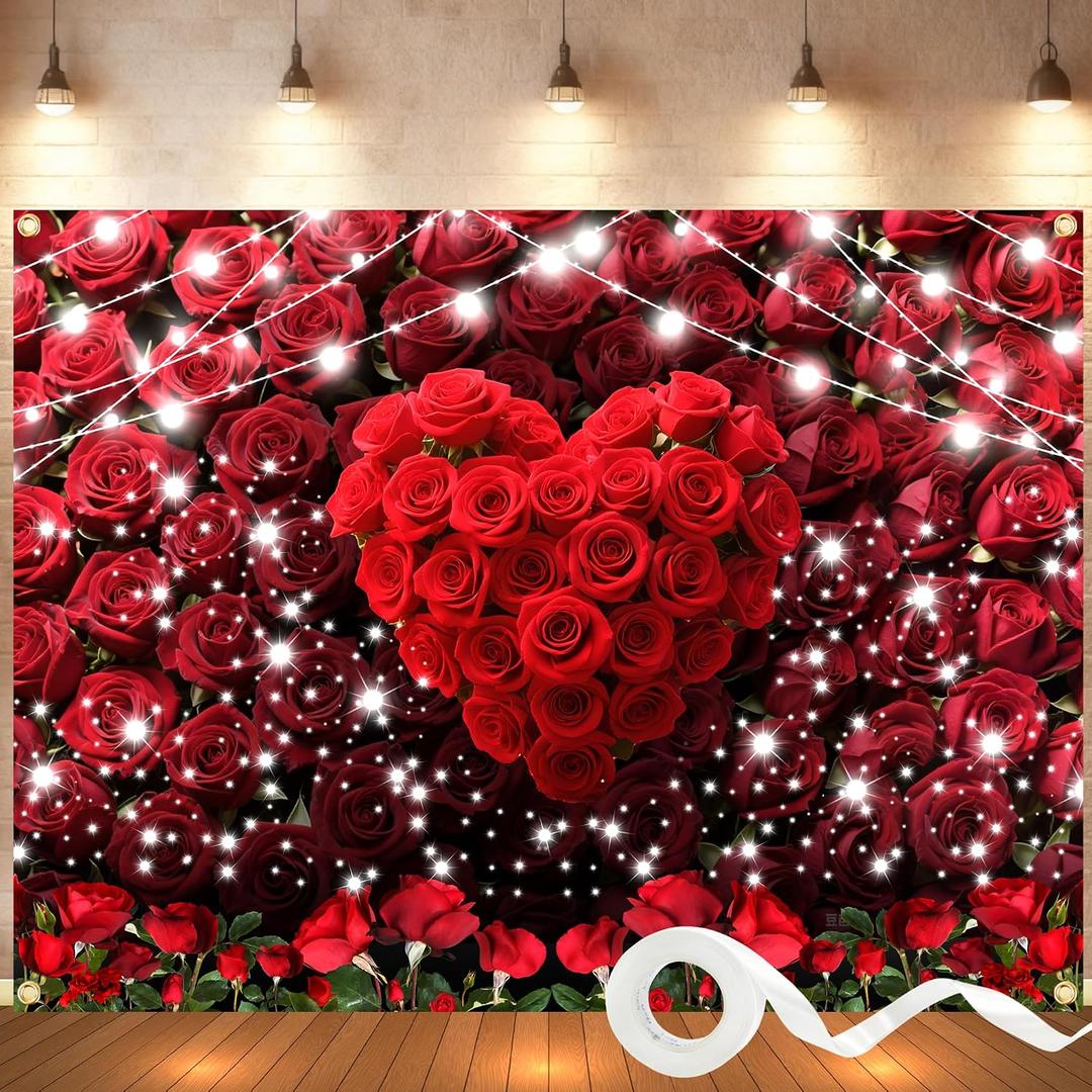 Valentines Day Backdrop 8x6FT with 10m Ribbon Red Rose Valentine Backdrops for Photography, Romantic Valentines Backdrop for Wedding, Engagement, Anniversary & Party Decorations