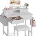 KAI-ROAD White Makeup Vanity Desk with Mirror and Lights, 40 inch Girls Vanity Set with Chair, Make Up Dresser Table with Drawers and Power Outlet for Bedroom Small Space