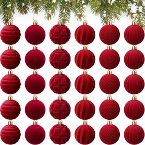 Menkxi 30 Pcs Burgundy Velvet Christmas Balls Ornaments 2 Inch Flocked Christmas Tree Decorations Plastic Red Xmas Hanging Ornaments for Holiday Party Decorations