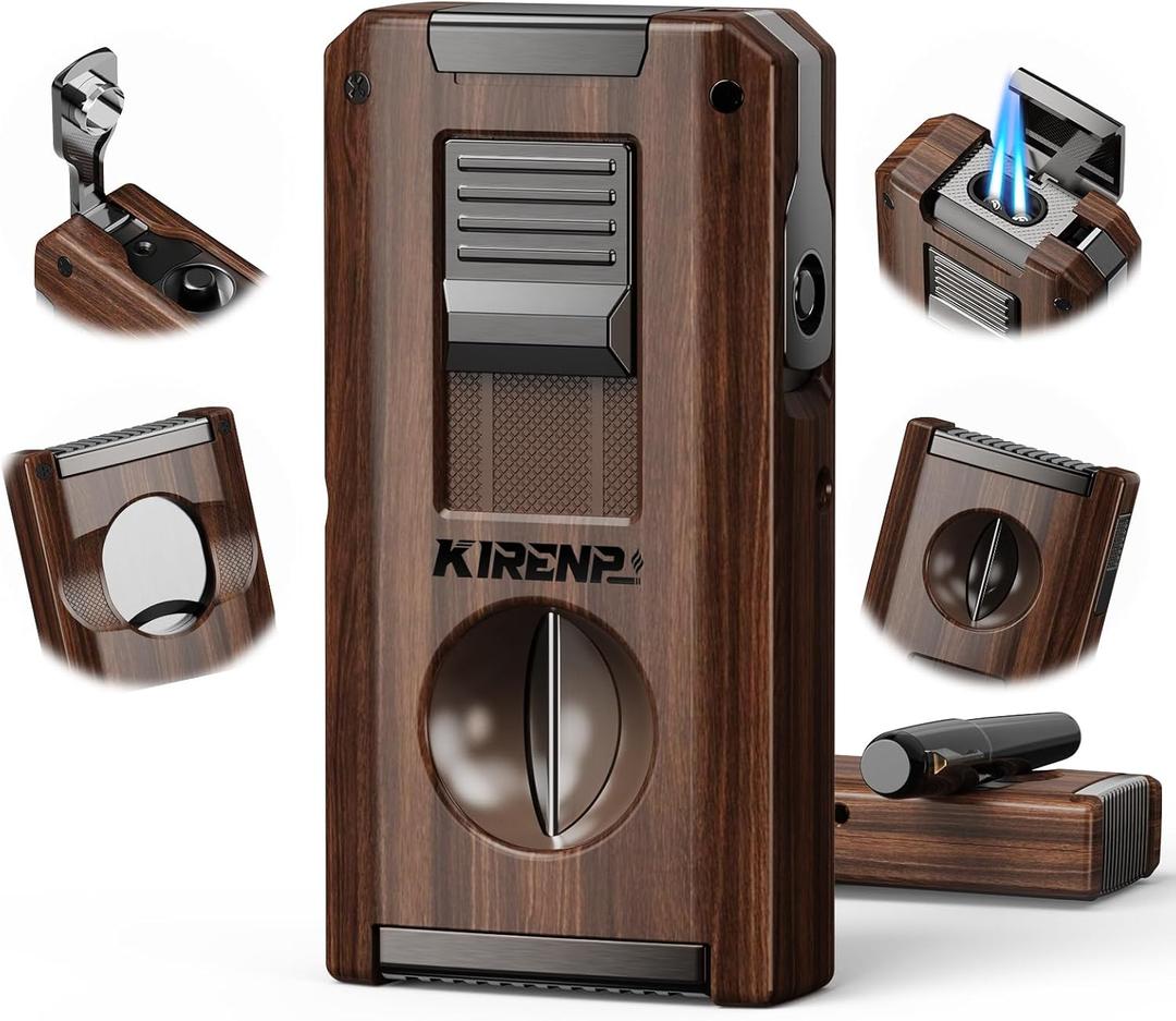 5-in-1 Multifunctional Torch Lighter with Dual Jet Flames, Straight & V Cutter, Punch, Holder, with Gift Box for Men, Refillable Butane Lighters for Travel, Camping, Outdoors (Woodgrain Gray)