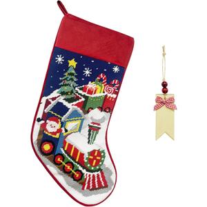 Needlepoint Christmas Stocking, 18 Inches Vintage Xmas Stockings with Personalized Name Tag, Embroidered Train Design, Old-Fashioned Holiday Christmas Party Family Decor