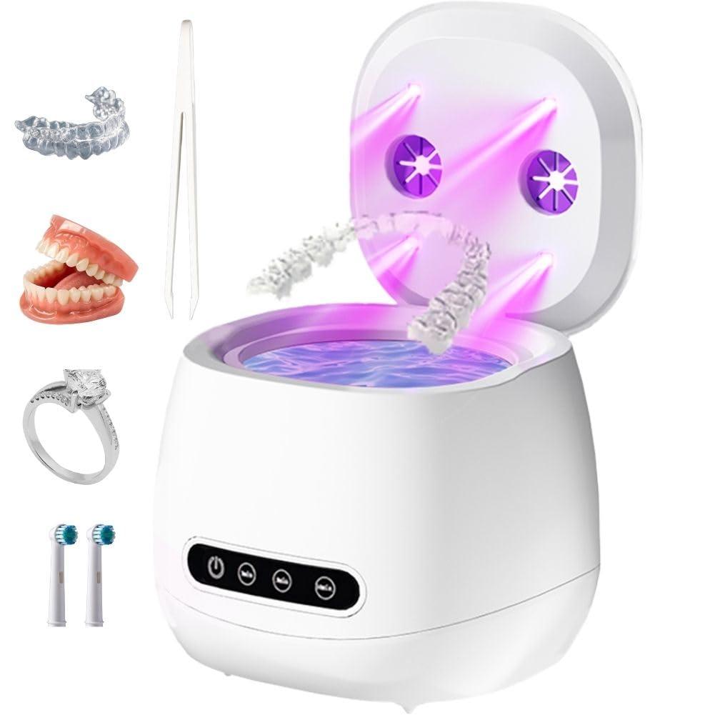 Ultrasonic Retainer Cleaner with UV Sterilizer, 45kHz Dental Cleaning Machine for Dentures, Aligners, Mouth Guards, Braces & Jewelry  Portable 200ML Rechargeable Cleaning Pod W190MAX (White)