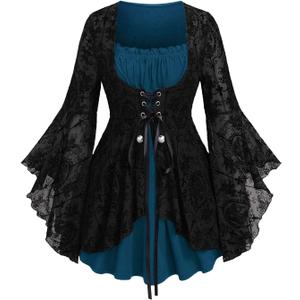 ROSE GAL Women Plus Size Gothic Costume Top Ruffles Flower Lace Up 2 in 1 Bell Sleeves T-Shirt Renaissance Fairy (Blue_6/ 2X)