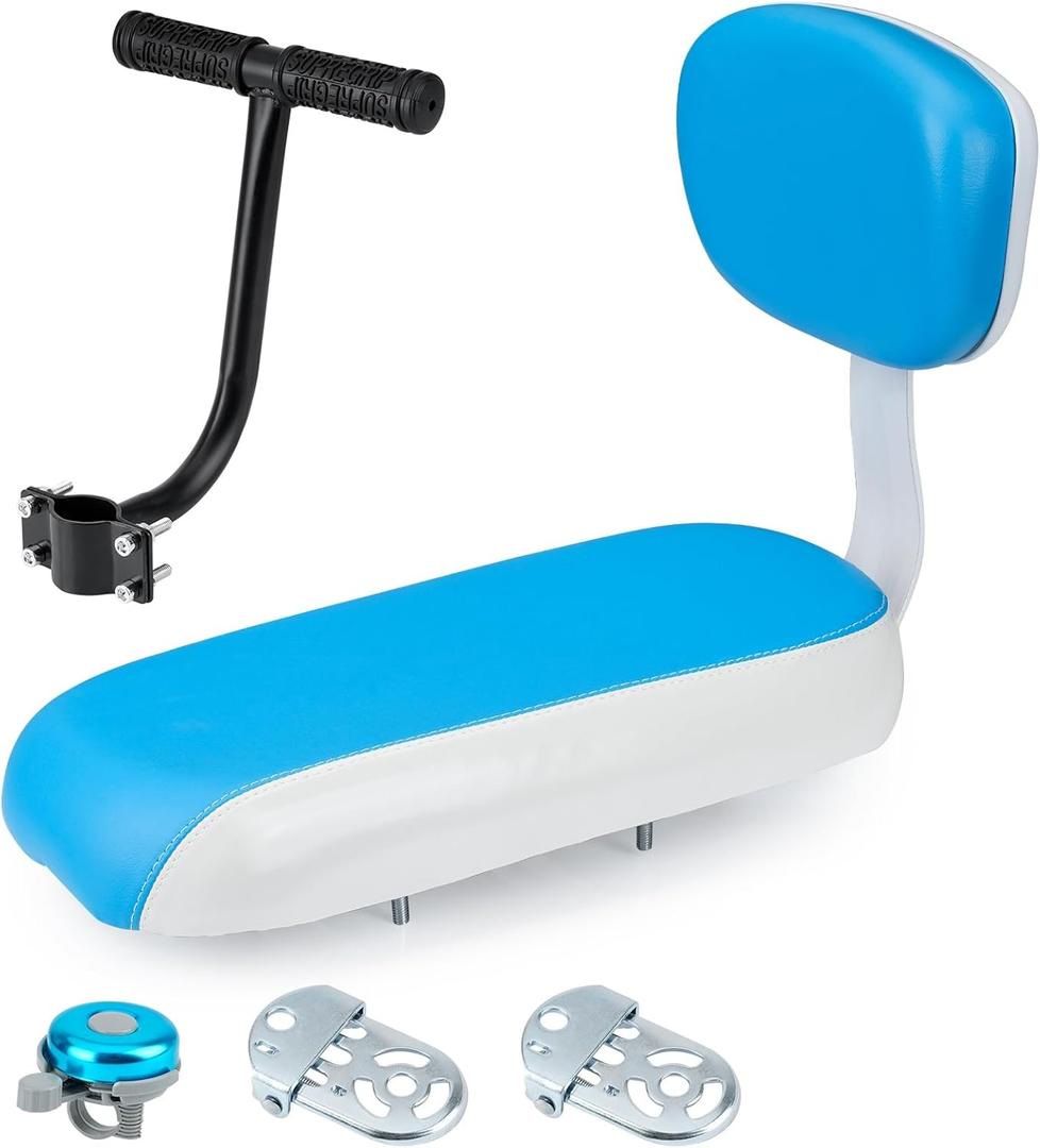 Universal Bicycle Rear Seat Cushion Armrest Footrest Set, Kids Child Safety Carrier Bicycle Baby Seat, Including Cushion and Backrest, Armrest Handrail, Footrests, Bell (Blue)