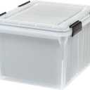 IRIS USA File Box WeatherPro Organizer Plastic for Letter/Legal, Water Resistant Document, Durable Lid, Seal w/Secure Latching Buckles, Stackable, Nestable, Clear 32 Qt. 1 Pack