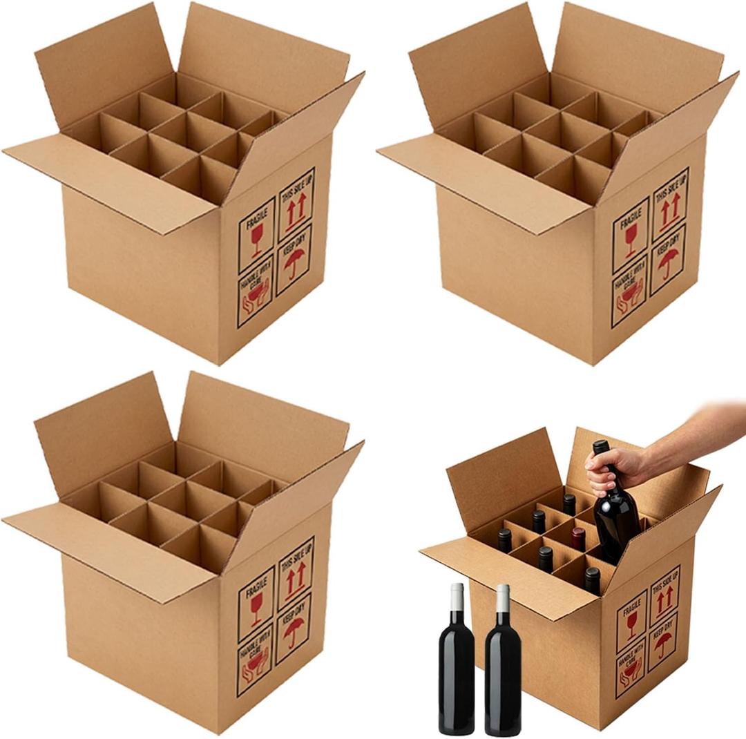 3 Pack Wine Boxes for Moving, 9 Bottle Wine Boxes for Shipping with Cardboard Dividers, Wine Glass Packing Boxes for Moving, Storage, Transport (9.4X9.4X13.7")