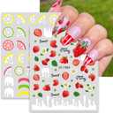 4 x 6 Sheets Fruit Nails Stickers Nails Art Stickers 3D Self Adhesive Colorful Fruit Nail Decals with Mixed Cherry Watermelon Strawberry Lemon Nail Design Nail Art Supplies for Women Nail Decorations