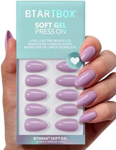 BTArtbox Press On Nails Almond - Lavender Purple Short Press On Nails with Glue for Women, Opaque Soft Gel Glue On Nails in 16 Sizes - 32 Stick On Nails Kit, Orchid Dew
