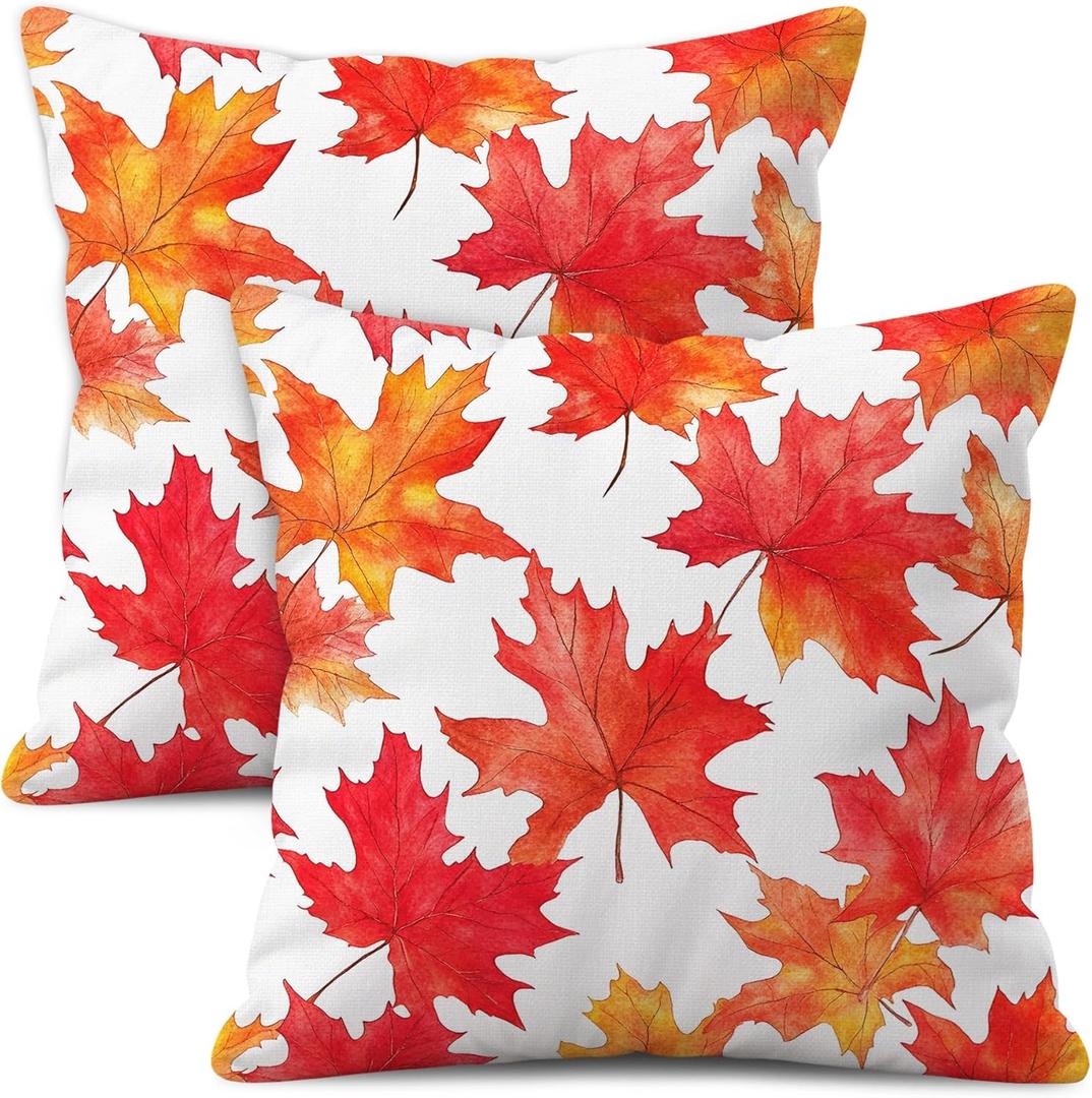 Fall Throw Pillow Covers 18x18 Inch Set of 2  Double-Sided Maple Leaf Design on White Linen Pillowcases, Indoor Outdoor Autumn Decorative Cushion Covers for Sofa Couch Bed (Red Autumn Leaves)